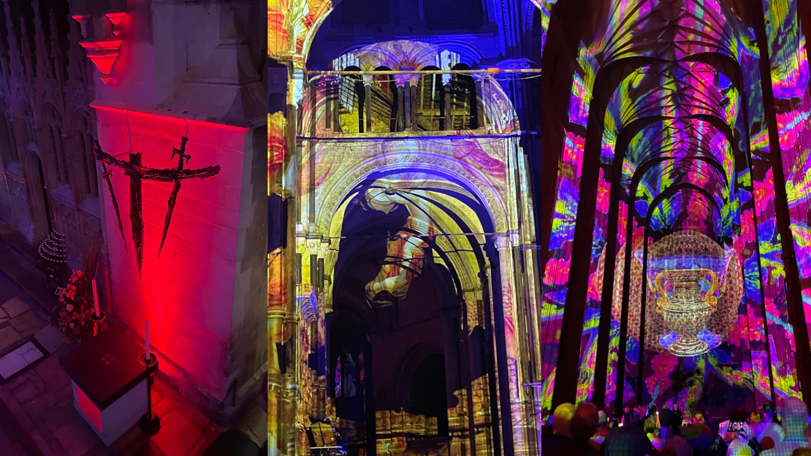 Canterbury Cathedral montage  Thomas Becket memorial alter, high alter and central knave - Luxmuralis light projection