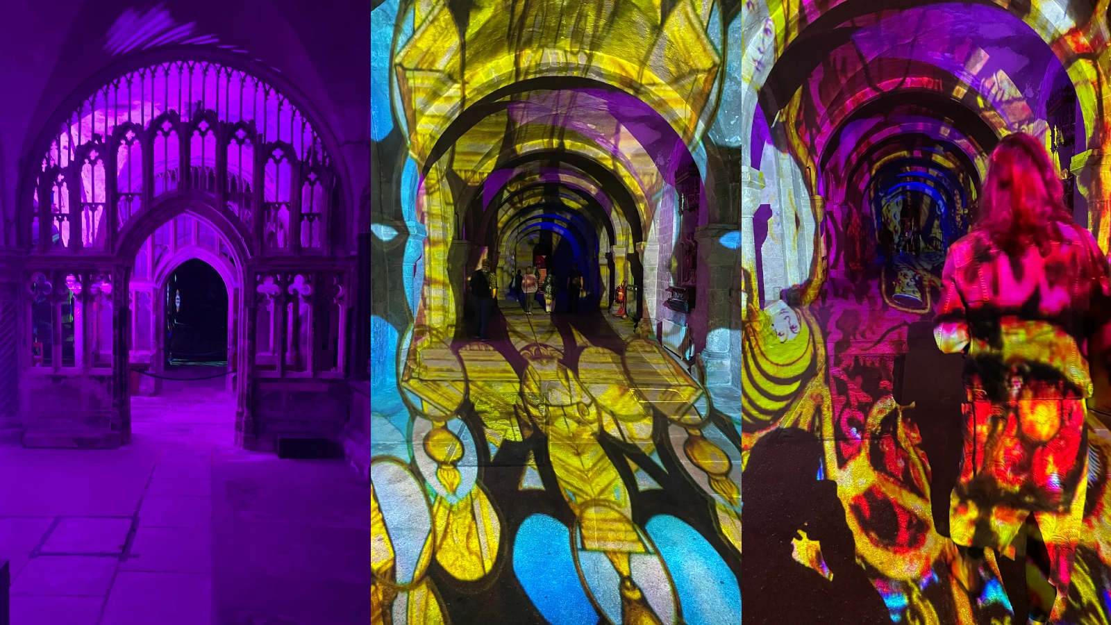 Canterbury Cathedral crypt - Luxmuralis light projection montage of light saturated images